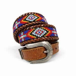 Vintage Brighton Collectables Southwestern Beaded Leather Belt Braided Trim 32